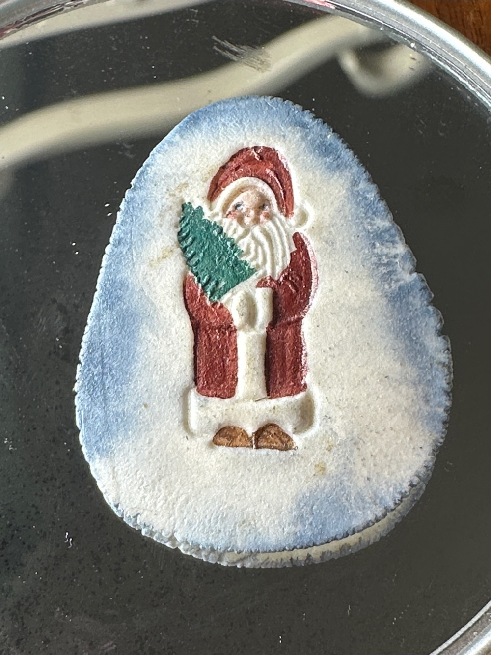 Festive Ceramic Santa Brooch in Red, Green and White